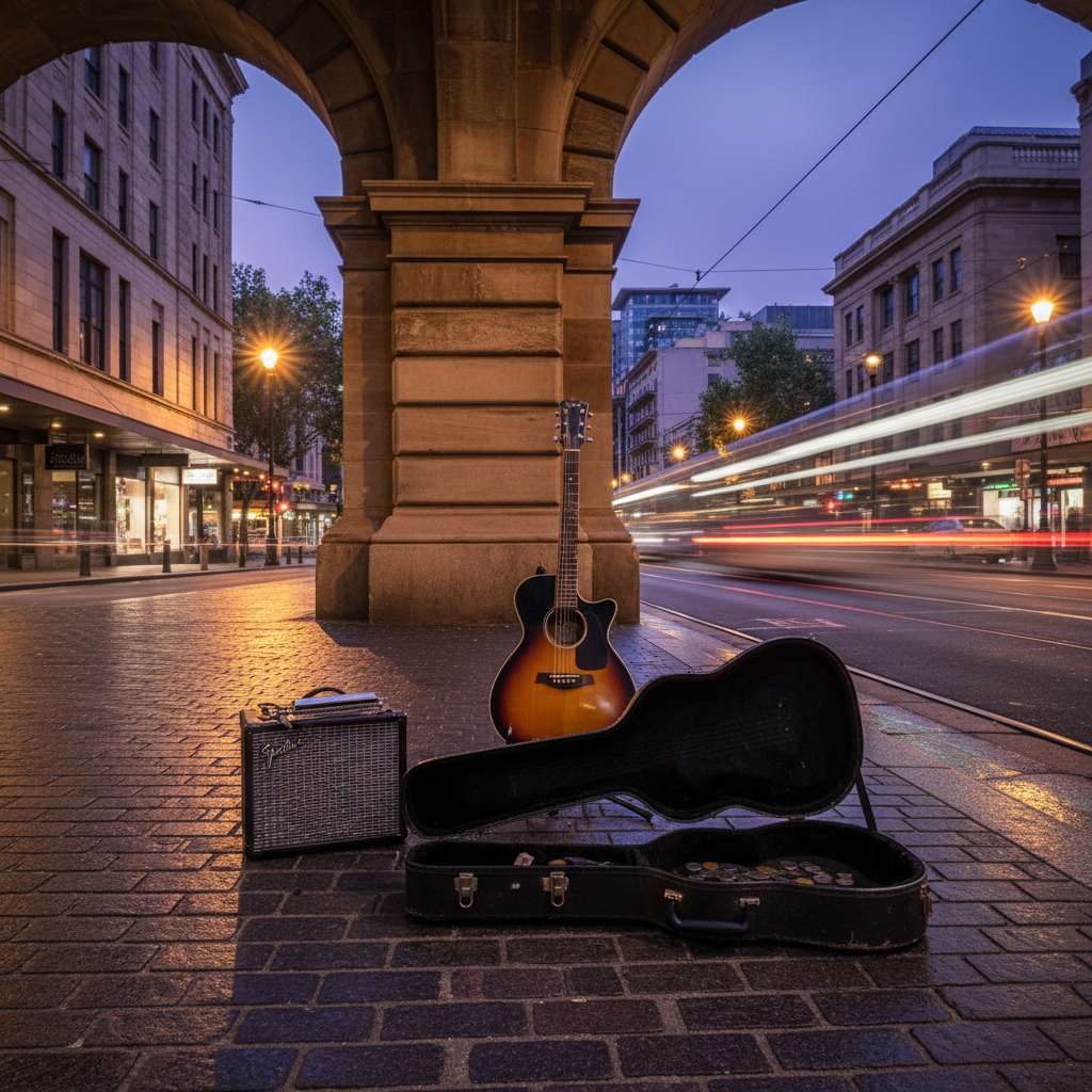 A twilight urban Adelaide streetscape with a compact busking setup positioned under a sandstone archway: a small battery-powered amp, a sunburst acoustic-electric guitar on a stand, an open guitar case with a few scattered coins, and a harmonica holder draped over the amp. The pavement is slightly wet, reflecting distant city lights and the soft purple-blue of the early evening sky. Streetlamps and shopfront glows create pools of warm light around the gear, while the background of passing traffic and tram lines dissolves into gentle motion blur. Photographic realism, captured from a low angle using rule-of-thirds composition, the mood bold yet nostalgic, celebrating grassroots blues culture in a distinctly Adelaide urban setting.