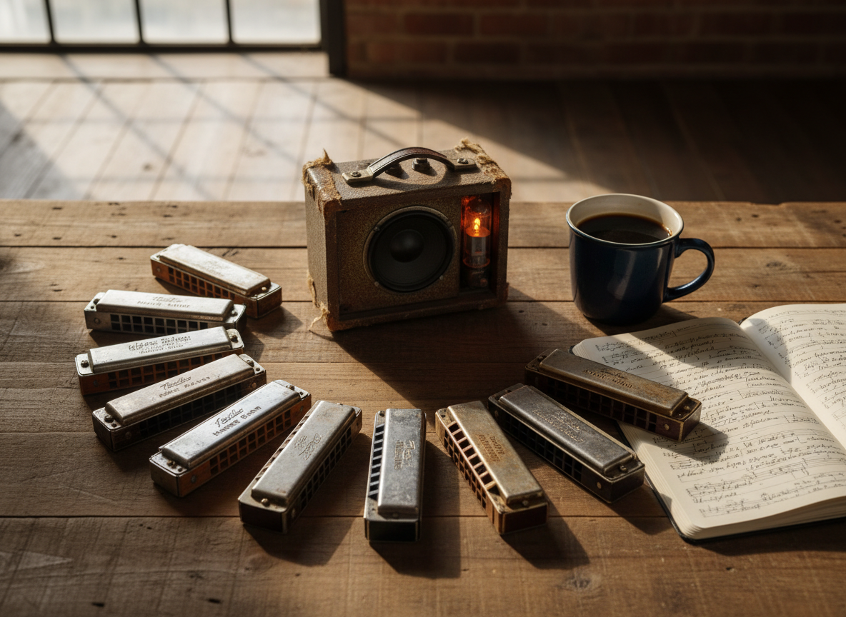 A weathered harmonica collection displayed on an old wooden table made from reclaimed floorboards, each harp arranged in a rough semicircle around a small, scarred tube amplifier. The harmonicas show scuffs, fading logos, and slight tarnish on the metal covers, emphasizing years of hard gigging. A dog-eared notebook with scribbled song ideas and a chipped ceramic mug of black coffee sit nearby. Soft, diffused afternoon light streams in from a high warehouse window, casting long, gentle shadows and warm highlights on the metal surfaces. Photographic realism, shot from a slightly overhead angle with sharp focus throughout, creating a contemplative, storytelling atmosphere that hints at the lyrical depth and songwriting craft behind the blues duo’s sound.