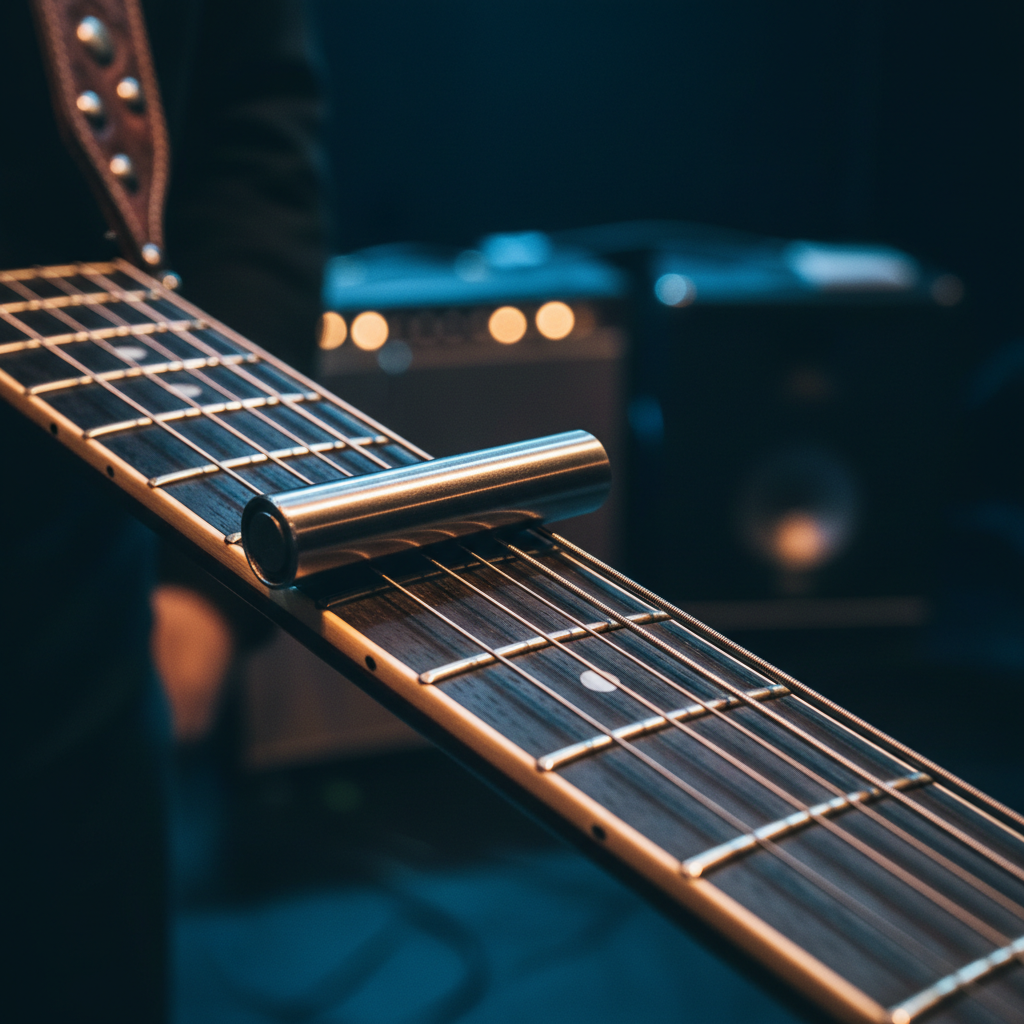 A tight, photographic close-up of a slide guitar’s fretboard mid-performance, the polished metal slide caught mid-glide along worn nickel strings. The dark, richly grained wood of the neck shows subtle grooves from years of playing, and a patterned leather guitar strap arcs softly out of focus. Dim club lighting casts a deep blue and amber glow across the scene, with a single spotlight from stage right creating sharp highlights along the strings and tuning pegs. The background falls away into a creamy blur of amps and stage monitors. Shot from a low, almost parallel angle to the fretboard, the image feels bold and dynamic, emphasizing precision musicianship and gritty blues tone.