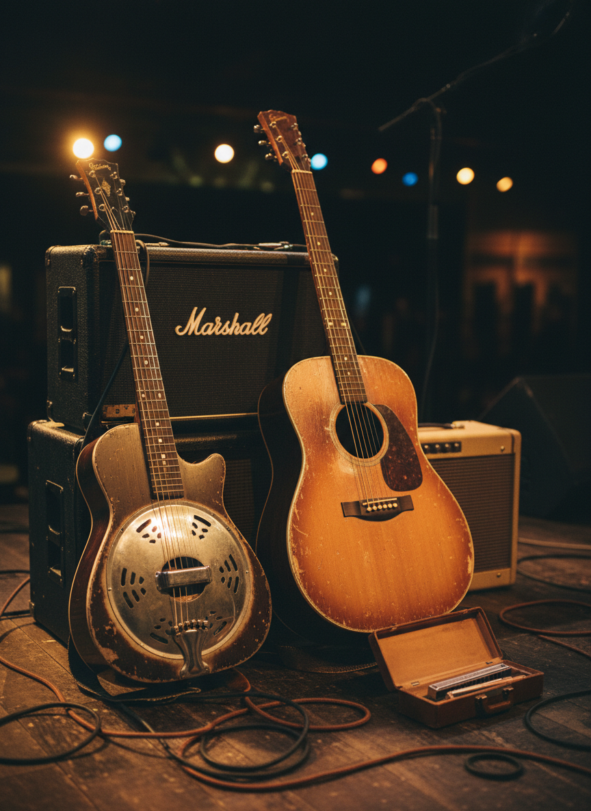 A pair of well-worn resonator and acoustic guitars resting upright on vintage tube amplifiers on a small Adelaide venue stage, their metal hardware slightly tarnished and wooden bodies showing years of honest use. Coiled instrument cables snake across a scuffed timber floor, with a harmonica in a weathered case open nearby. Warm golden stage lights from above and behind create dramatic rim lighting along the guitar necks and subtle reflections in the resonator’s metal cone, while the dark audience area fades into soft bokeh. Photographic realism, shot at eye level with a shallow depth of field, conveying bold energy, authentic blues grit, and the intimate anticipation just before a live performance begins.