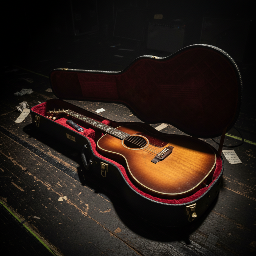 A bold black-and-cream guitar case lying open on a stage floor, its plush interior cradling a single, beautifully aged acoustic guitar with intricate wood grain and a subtle sunburst finish. Nestled in the compartment are a chrome slide, a well-used capo, and a small diatonic harmonica, hinting at a multi-instrument blues performance. The stage floor is dark, gaffer-taped, and speckled with old setlist remnants. Strong, focused stage lighting from above creates high contrast, crisp shadows, and bright highlights along the guitar’s curves, while the background sinks into darkness. Photographic realism, shot from a slightly elevated three-quarter angle, the composition feels cinematic and dramatic, ideal for a hero image representing Amin & Lachlan’s powerful live presence.