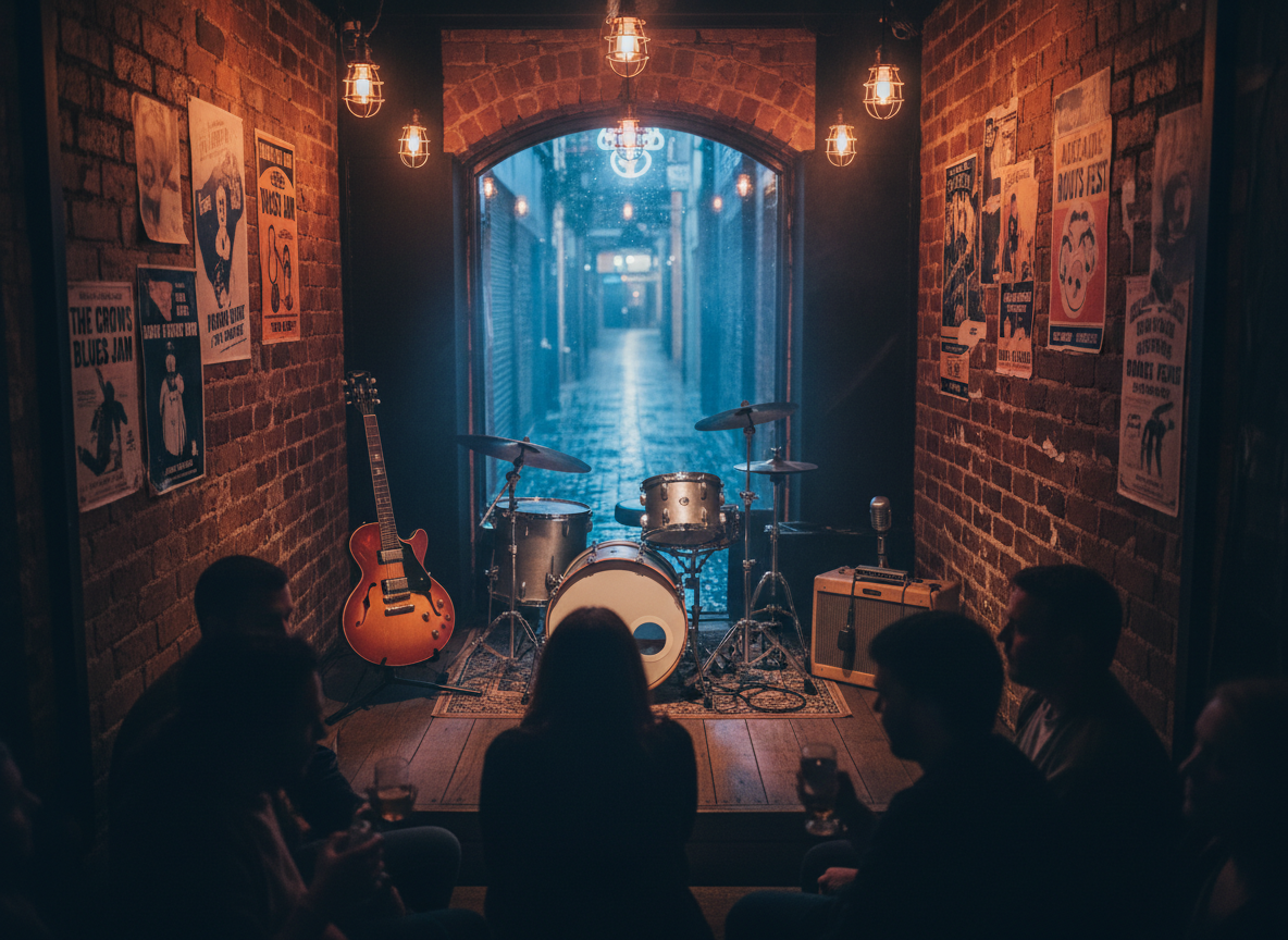 An intimate stage setup in a small Adelaide laneway bar, featuring a compact drum kit with brushed steel snare, a hollow-body electric guitar on a stand, and a bullet-style harmonica microphone resting atop a tweed amplifier. Exposed brick walls, vintage posters hinting at local gigs, and a narrow doorway to the street give a strong sense of place. Moody, low-key lighting comes from hanging filament bulbs and a neon glow filtering in from outside, creating deep shadows and pockets of warm light. Photographic realism, captured from a slightly elevated front angle with a moderate depth of field, balancing sharp focus on the instruments with a softly blurred crowd area, evoking late-night blues energy and raw, modern edge.