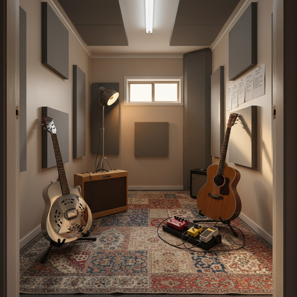 Inside a cozy Adelaide rehearsal room, two distinct setups face each other: on one side, a vintage-style resonator guitar leaning against a battered tweed amp; on the other, a warm-toned acoustic guitar propped near a compact pedalboard with analog delay and overdrive pedals. The room features mismatched rugs, foam acoustic panels, and handwritten setlists taped to the wall. Overhead fluorescent lights are partially switched off, leaving only a standing lamp and a small window’s late-afternoon light to create a soft, directional glow with gentle shadows. Photographic realism, framed from the doorway at eye level, with moderate depth of field to show both rigs clearly, conveying the collaborative energy and modern-meets-old-school character of the blues duo.